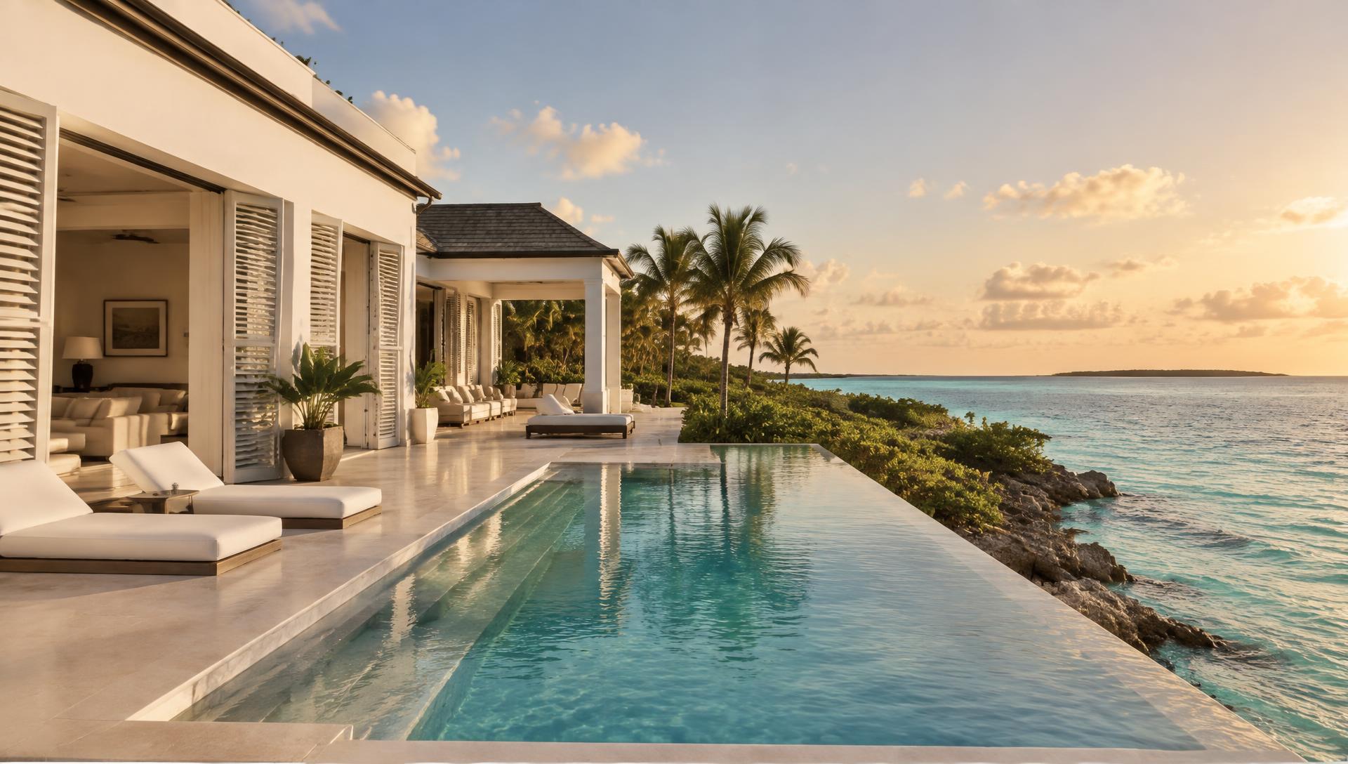 Waterfront villa in The Bahamas at sunset